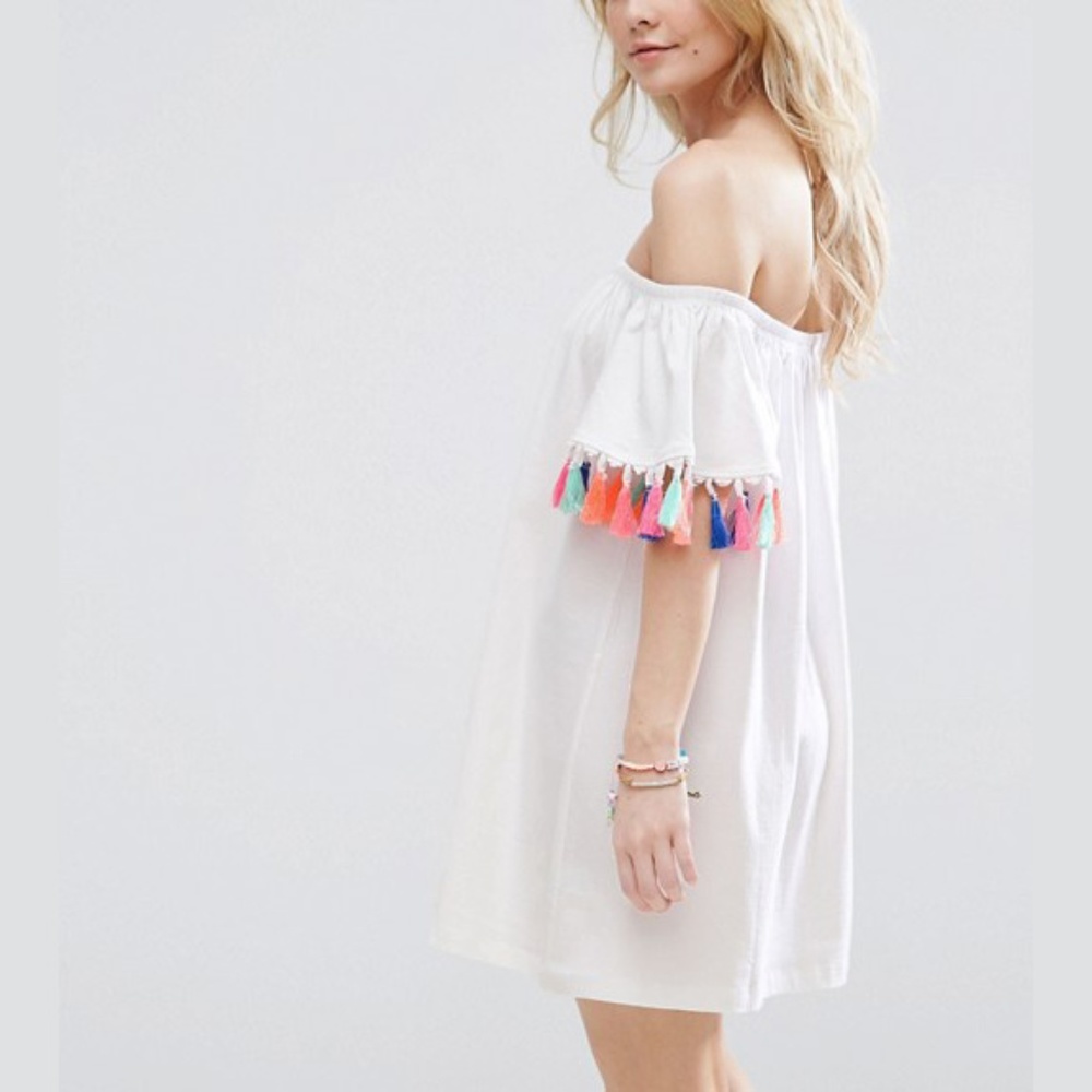 New ASOS Petite Off Shoulder Colorful Tassel Dress